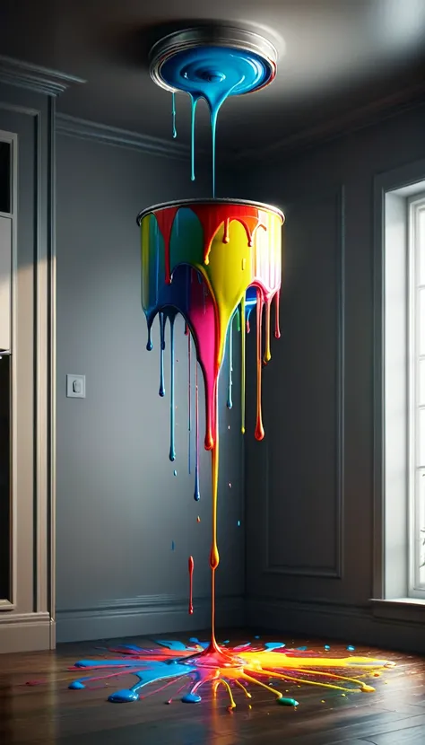 (a paint can dripping paint,paint splash,apartment interior,tyndall effect,photorealistic,cinematic lighting,