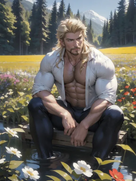 Highest quality, masterpiece, Expressionless,Ultra-high resolution,Detailed Background,Realistic,1 person,alone,male,Muscular,mature male,david hasselhoff,goatee facial hair,blond hair, long hair,Sitting,water,Flower Field,True shadow and light