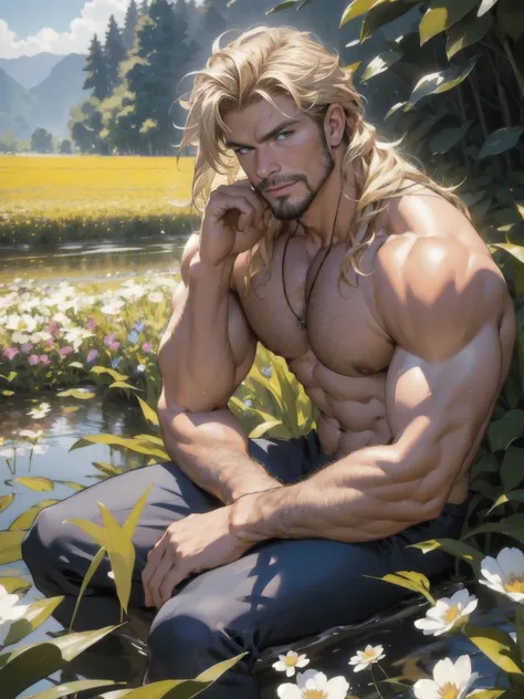 Highest quality, masterpiece, Expressionless,Ultra-high resolution,Detailed Background,Realistic,1 person,alone,male,Muscular,mature male,david hasselhoff,goatee facial hair,blond hair, long hair,Sitting,water,Flower Field,True shadow and light