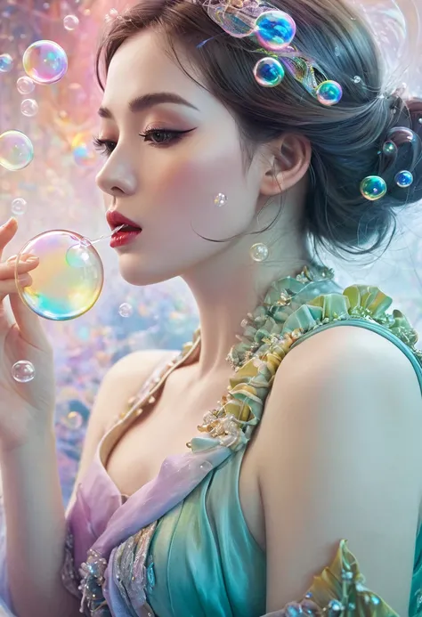 A painting，The painting shows a woman in a dress blowing bubbles, Loish and Wallop, ethereal bubbles, Mobis + Loish + Wallop, Dreamy and detailed, intricate Wallop, closeup fantasy with water magic, fairytale artwork, fairytale painting, Anna Dittmann (Ann...