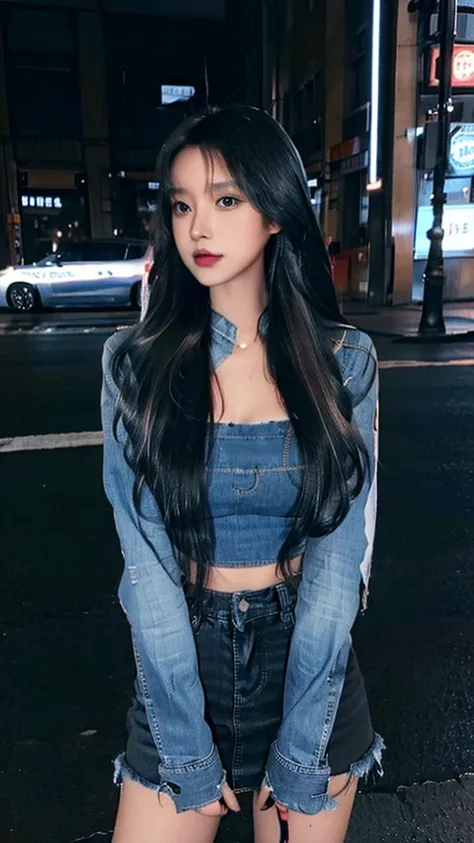 A blue denim jacket，Black tube top，Black high heels，Close-up shot of long-haired teenage girl in blue denim miniskirt standing on city street，Detailed face and skin texture，Full body close-up