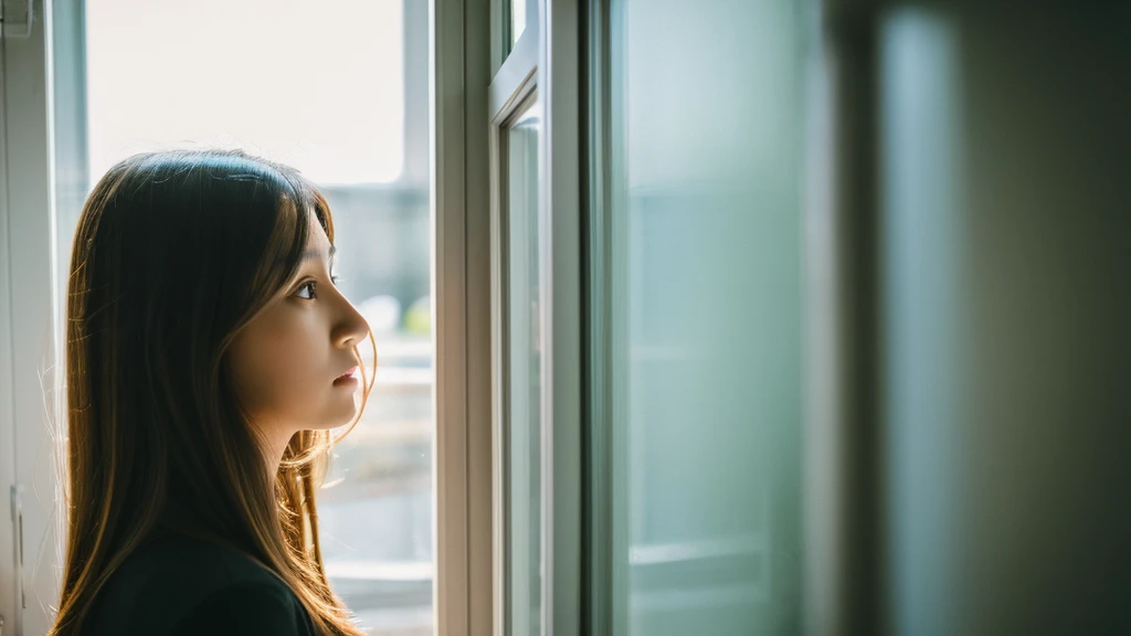 A daughter，Sense of space, A woman with long hair standing in front of a window