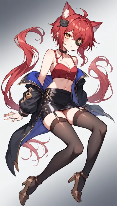 The character is a slender young woman.。She has reddish hair、Some of the hair is dyed white.、She has her hair styled in long twin tails.。Wearing a black jacket。The jacket is decorated with gold、It also has shoulder straps。Her outfit is sexy、Red bustier and...