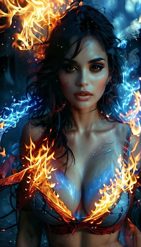 a beautiful adult latina woman daisy marie, 34dd breasts, cleavage, sideboob, perfect flawless anatomy, fire elemental, her body completely composed of red and blue fire, flames dance around her body, threatening to burn anybody that gets too close, 8k, ph...