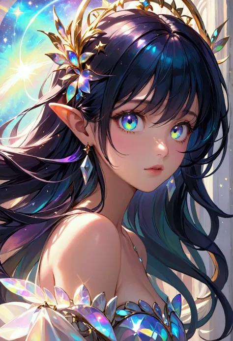 (masterpiece), best quality, expressive eyes, perfect face, Girl,long dark iridescent hair, iridescent eyes, small waist, medium chest, large hips,cosmic aura, divine dress