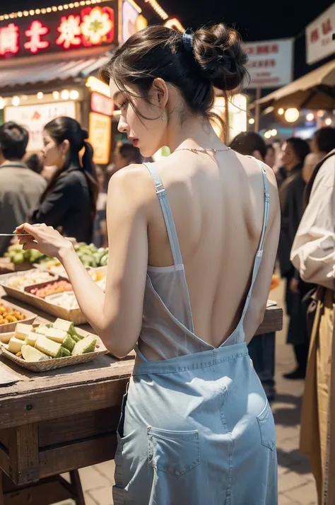 (((best quality))),(((ultra detailed))),(((masterpiece))),illustration,((1 beautiful girl,solo)),(short ponytail:1.2),(sheer apron:1.2),((bare shoulder,bare arms)),((slim,thin)),((bare back,towering hips,butt crack)),shopping, market, meat, bustling,early ...