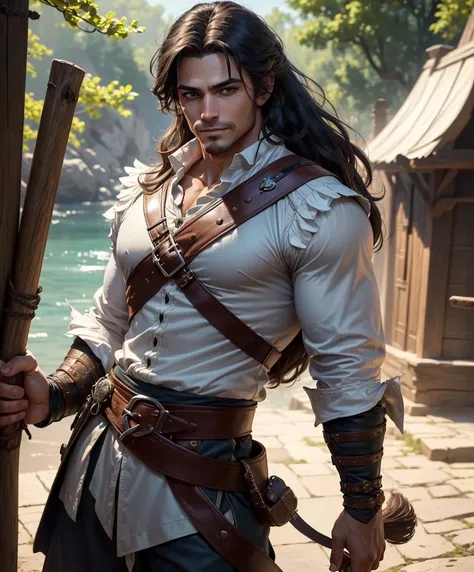 (((Single character image.))) (((1boy))) (((Dressed in medieval swashbuckler attire.))) (((Shoulder length hair))) (((Dark clothing.))) This is a dashing male adventurer in a high fantasy setting.((front view)) (full body), (((muscular male, bodybuilder)))...