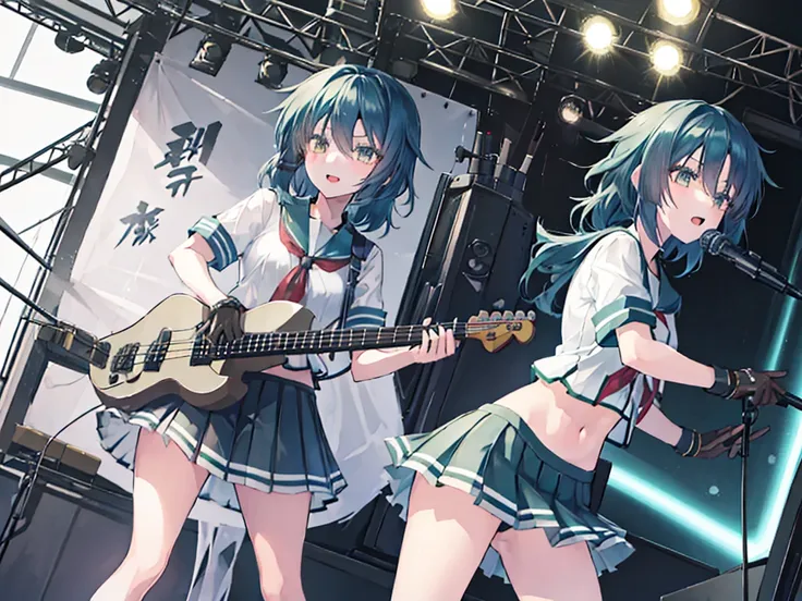 ＜high precision＞two girls,guitar and vocals,black mini skirt,short cut and ponytail,music stage,singing passionately,heat,kiso(k...