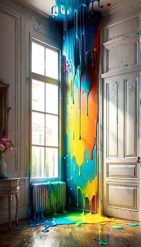 Chartres School style, a paint can dripping paint,paint splash,apartment interior,cinematic lighting,