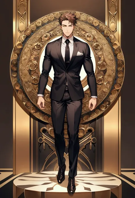 attractive 30 year old athletic man with short brown hair in Hugo boss business suit, full body shot