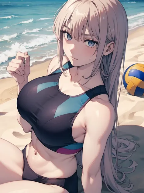 （Sweat, White skin:1.5、Light gray sports bra, ）, cameltoe, Fitness, , ((Beach volleyball swimsuit)),Big Breasts, Sturdy body、lie down, ((Big Eyes in Anime))
