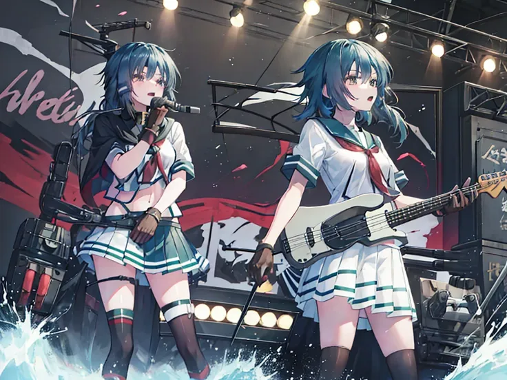 ＜high precision＞two girls,guitar and vocals,black mini skirt,short cut and ponytail,music stage,singing passionately,heat,kiso(k...