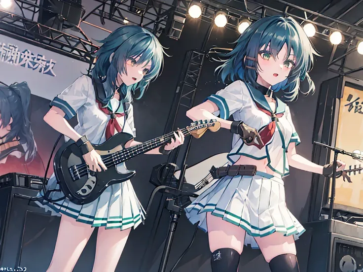 ＜High precision＞Two Girls,Guitar and vocals,Black Mini Skirt,short cut and ponytail,Music Stage,Singing passionately,Heat,Kiso(Kantai collection)and Ryo Yamada