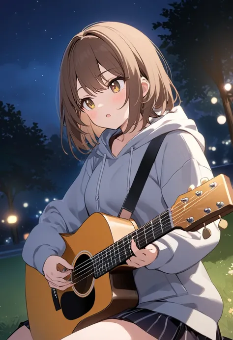  girl.Brown hair and hazel eyes.She wears a hoodie and skirt.She plays the guitar.Night time in a park.