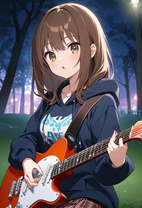  girl.Brown hair and hazel eyes.She wears a hoodie and skirt.She plays the guitar.Night time in a park.