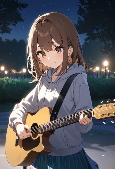  girl.Brown hair and hazel eyes.She wears a hoodie and skirt.She plays the guitar.Night time in a park.