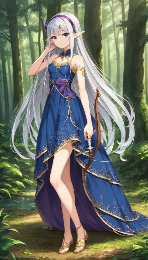 ((silver hair)), highly detailed face and eyes, (very long hair, straight hair), jewelry, purple hairband, long pointy ears, ani...