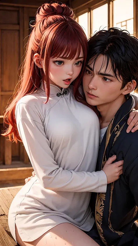 Highest quality、4K quality、Man to attack、Redhead woman from a traditional Chinese palace harem riding a man、Man touches womans chest（1.8）、thin、Small face、16 years old、Open your mouth（1.7）、tears（1.7）、Wet crotch（1.7）、Bare crotch