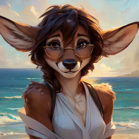 uploaded on e621, by Pixelsketcher, by Bayard Wu, by Thomas Benjamin Kennington , by Einshelm, by hioshiru and kenket, Chunie, portrait, solo anthro female deer doe, with small featureless breasts, clear dark blue, cinematic lighting, day, sunny day, beach...