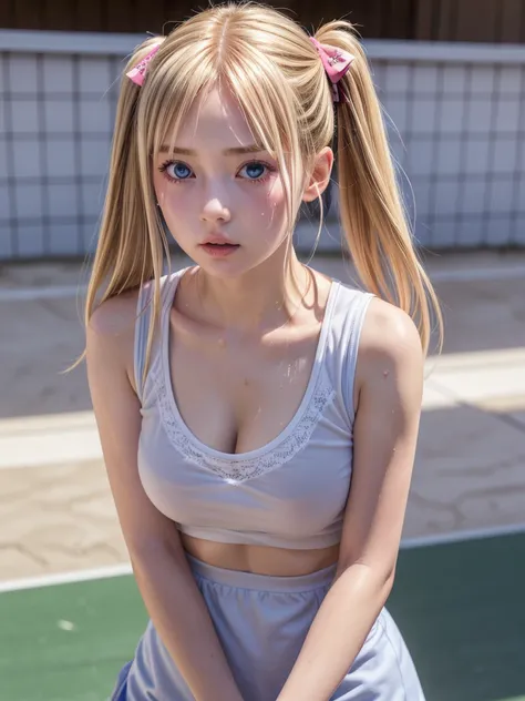 blue eyes, hair ornaments, Hair Ribbon,Show your forehead、Twin tails、 Random color tennis wear, clavicle, Thighs, blush,, Lace choker, short hair,,No bra,,Highly detailed skin, Highly detailed face, (beautiful Fine grain, the girl, Red cheeks), (A girl is ...