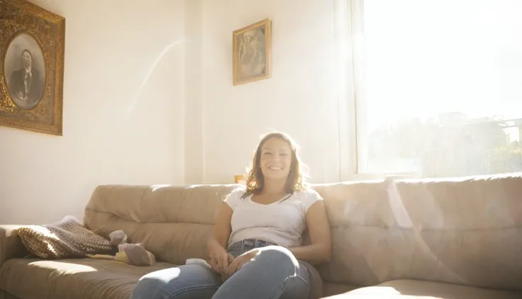 a photograph of highest quality a woman is sitting on her couch, photograph, 100mm, zoom, sunlight, indoors, happy, haze, atmosphere