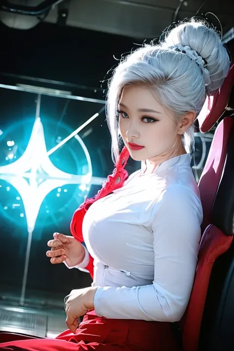 realisticlying, a high resolution, 1 rapariga, white color hair, korean people, eblue eyes, the transparent cheongsam is flying，...