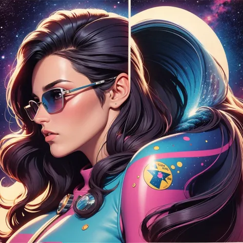 ultimate best quality,beautiful woman,speech bubble,big brest,galaxy,60s,70s,80s,colorful,cosmo,space,sunglass, profile view, head to shoulders, 1 woman