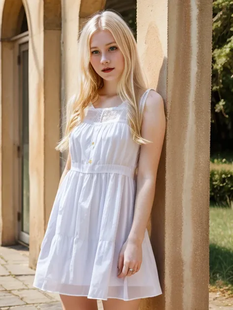 woman, blonde, young, 23 y.o., pale skin, dress