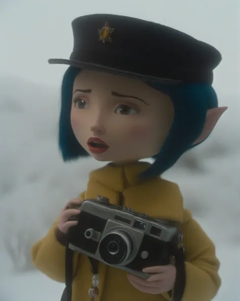 arafa doll holding a camera in a snowy area, eve elf, at once films, coralline, like a clay character, camera looking at her, theother motherfromcoralline , 2d movie still, animated film still, animated film, animation filming, animated cinematography, Amé...