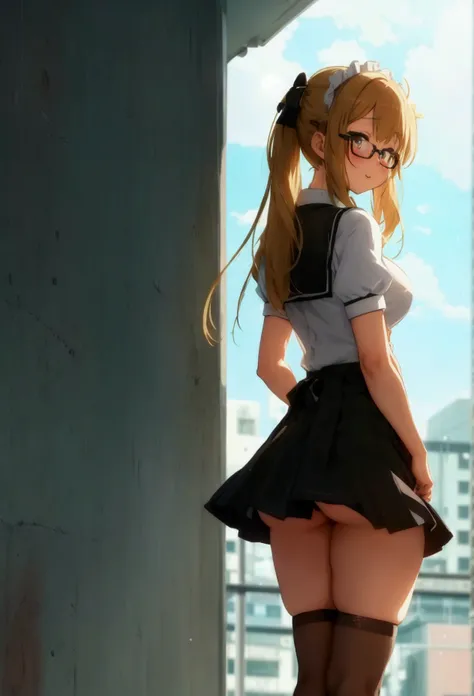 Anime girl with long hair and skirt standing in front of a wall, Lit from behind, Bend your body, chic, , Beautiful anime girl crouching, (SFW) Safe at Work, [ 4k digital art ]!!, shikamimi, Thick tail, Anime girl in maid outfit, Butt, lower angle,Anime gi...