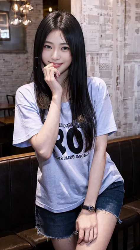 A sexy hot young and beautiful Japanese woman smiling in a cafe. She has long black hair and fair skin, and she is wearing a Tshirts.The background is her room.The woman is covering her mouth with her hand. The atmosphere is warm and friendly