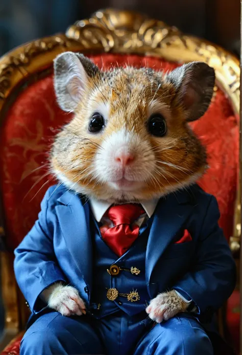 hamster in a blue suit and tie sitting in a chair, hamster in a tuxedo, corporate boss