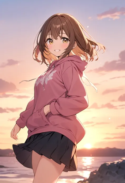  girl.Brown hair and hazel eyes.She wears a hoodie and skirt.She smiles softly.