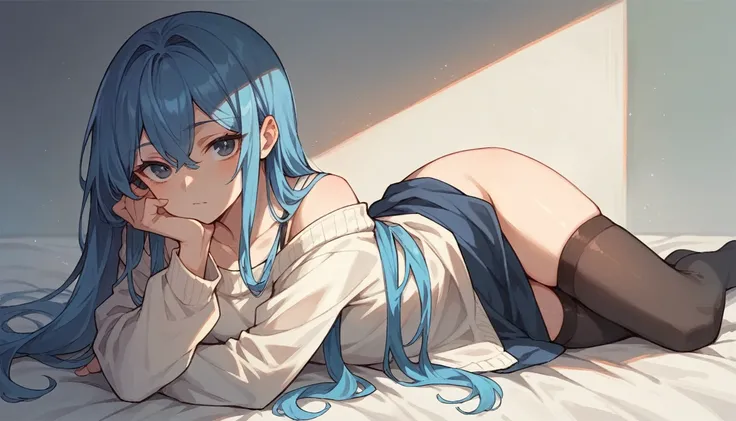 anime style,girl,straight face,front,blue hair,black stockings