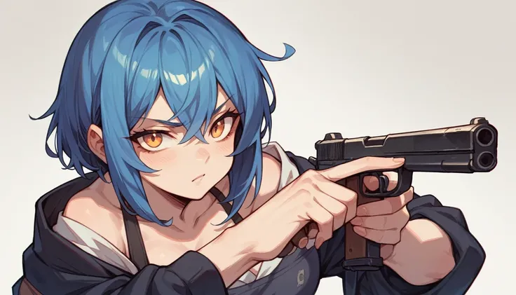 cartoon style, girl, straight face, front, blue hair, black stockings, holding gun