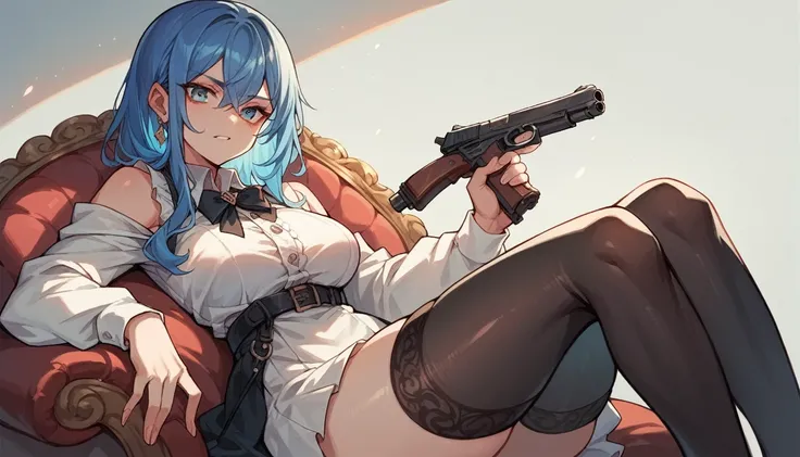 cartoon style, girl, straight face, front, blue hair, black stockings, holding gun