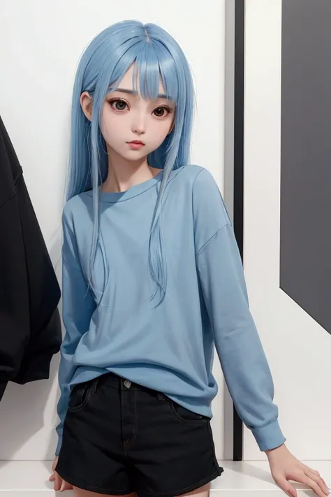 "Create an image of a character with a small, delicate face and a slender nose. The character should have a natural appearance with no makeup, facing forward with large, cute eyes. The character has long, blue hair with short bangs, wearing a black long-sl...