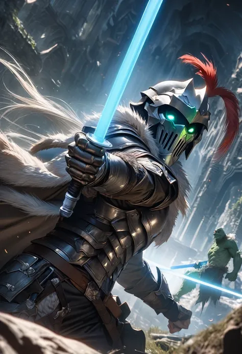 perfect hands, perfect finger,perfect anatomy, masterpiece, best quality,realistic, hyperrealistic, 16k hdr,1 muscular man,,goblin slayer, armor, full face helmet, green glowing eye, plume, fur collar,(gauntlet:1.1), (blue Light saber:1.2),fantasy world,ou...