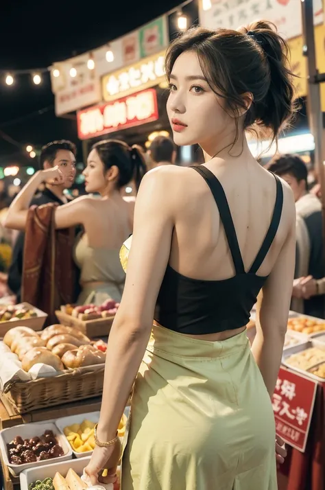 (((best quality))),(((ultra detailed))),(((masterpiece))),illustration,((1 beautiful girl,solo)),(short ponytail:1.2),(sheer apron:1.2),((bare shoulder,bare arms)),((slim,thin)),((bare back,towering hips,butt crack)),shopping, market, meat, bustling,early ...