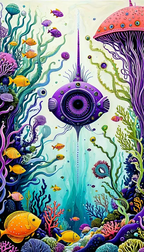 &quot;Dick Ellescas Artist Style&quot;,submarine，coral，fish，Tentacles，Eye、diatom，Stitching together an abstract painting，Describing the inner world of autistic people，Sense of space，White Space，interesting，Innocence，Psychedelic Art，Purple theme