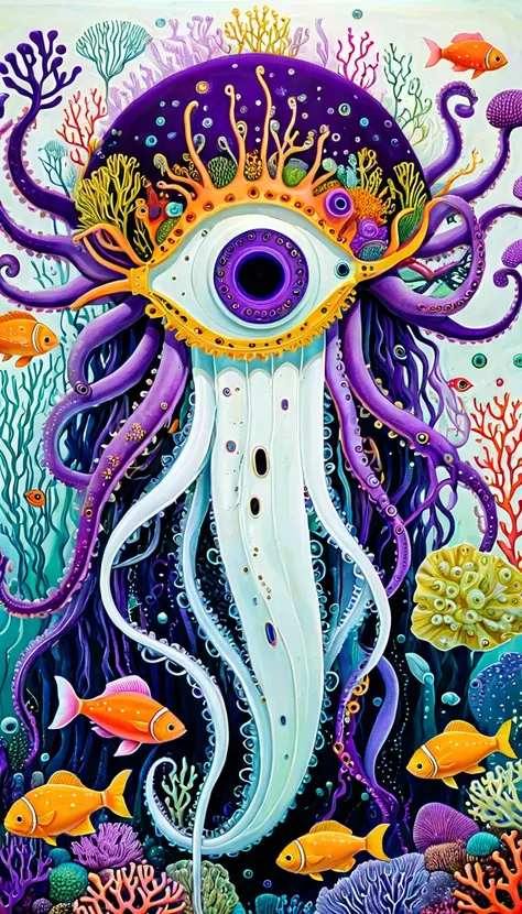 &quot;Dick Ellescas Artist Style&quot;,submarine，coral，fish，Tentacles，Eye、diatom，Stitching together an abstract painting，Describing the inner world of autistic people，Sense of space，White Space，interesting，Innocence，Psychedelic Art，Purple theme