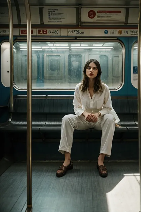 painting of a woman sitting in a subway car ((one woman only)) ((woman dressed in white)) modern dress, gray jeans pants,  moder...