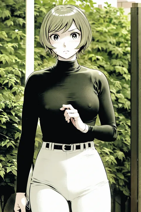 (野球uniform:1.2),
Blonde, (short hair:1.2),Long sleeve, Black Shirt, turtleneck,White trousers、uniform、Black belt、((Illustration of a person))、big 、
View your viewers,, (Highest quality:1.3),One Girl, White pants、uniform、Outdoor、baseball ground、ground、soil、...