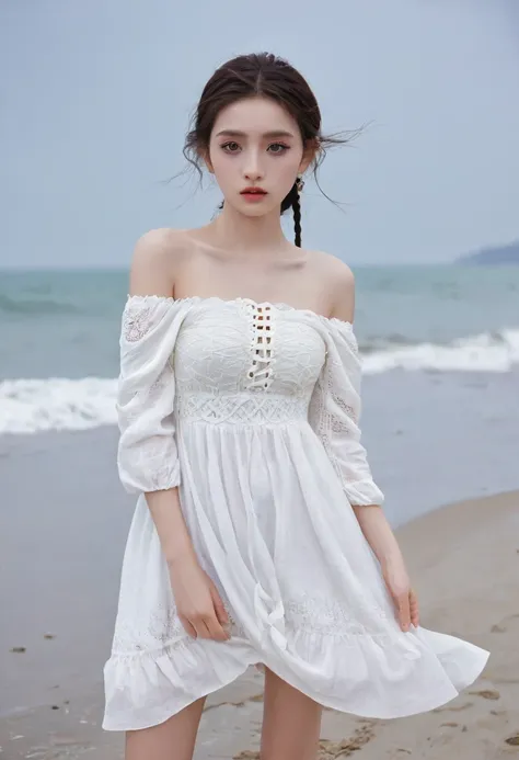 1 Girl,high resolution,  high quality,  masterpiece, mxmk white dress,  Bare shoulders, Purple Eyes, White Dress, Weaving, Shock, beach