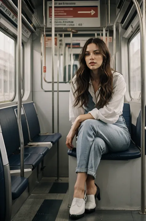 oil painting of a woman sitting in a metro car ((one woman only)) ((woman dressed in white)) modern dress, gray jeans pants, mod...