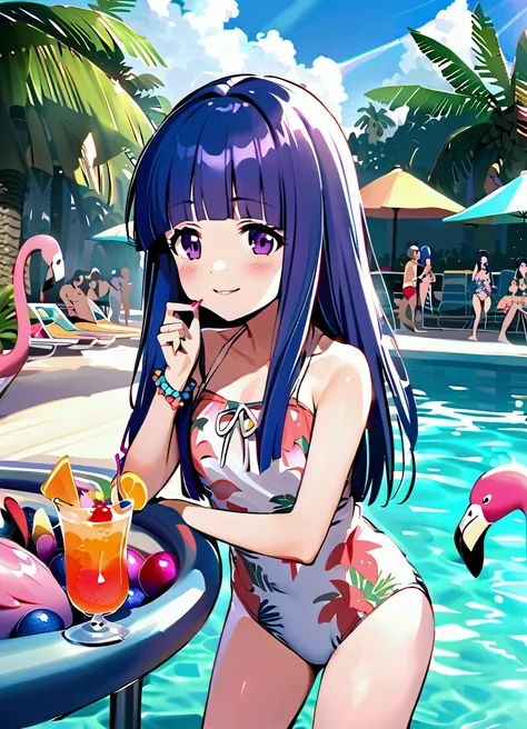 furude rika, blue hair, purple eyes, long hair, blunt bangs, bangs, (pool party), tropical print swimsuit, flamingo float, tropi...