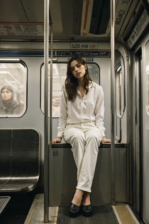 painting of a woman sitting in a subway car ((one woman only)) ((woman dressed in white)) modern dress, gray jeans pants, modern...