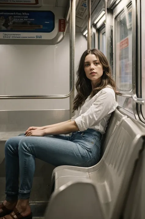 painting of a woman sitting in a subway car ((one woman only)) ((woman dressed in white)) modern dress, gray jeans pants, modern...