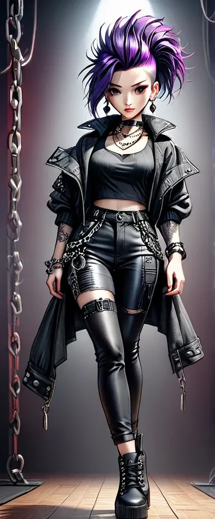 girl model, professional:1.6, (Best Quality,4k,8k,High resolution,Masterpiece:1.2),ultra detailed,realist,punk style,fashion punk,((full body shot:1.5,general shot:1.5)), rebel,spiked clothing,Chain accessories, rebel pose,mohawk alto,violet hair,showy,ner...