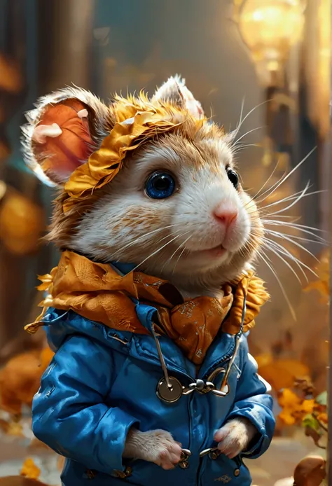 Cartoon hamster wearing blue jacket and sneakers and a long tie，cute cartoon character, hamster, cute character,, Realistic illustration, cute artwork, high detailed cartoon, Lovely detailed artwork, hamster, arte renderizada, hyperdetailed crisp render,, ...